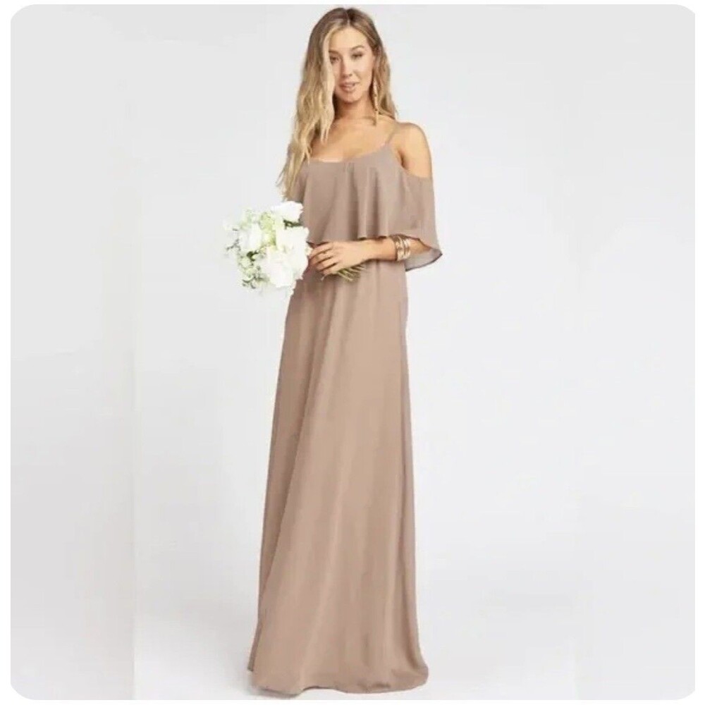 Show Me Your Mumu Chiffon Bridesmaid Dress Caitlin Ruffle Maxi Color Dune Sz Lg